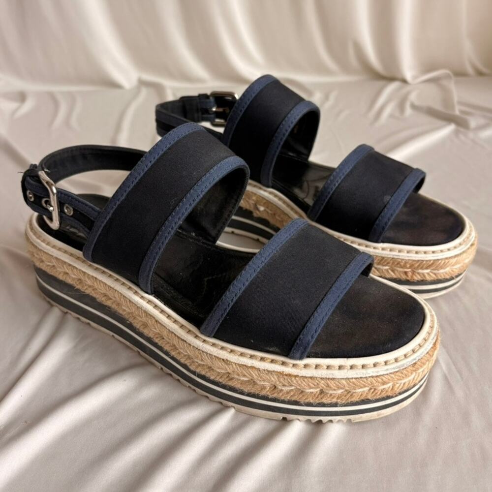 Prada Black & Baltic Blue Canvas Espadrille Platform Sandals - EU 37/US 7